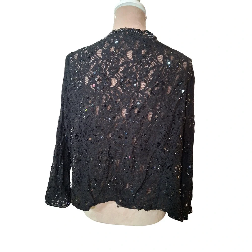 Vintage Black Floral Lace Sequin Open Front Shrug Cardigan Jacket Womens 18